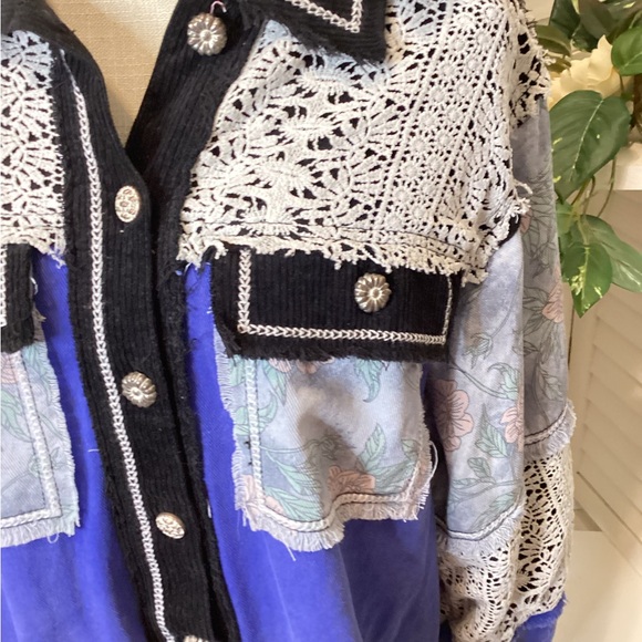 POL Blue and Black Lace Button Down Shirt - Picture 3 of 8